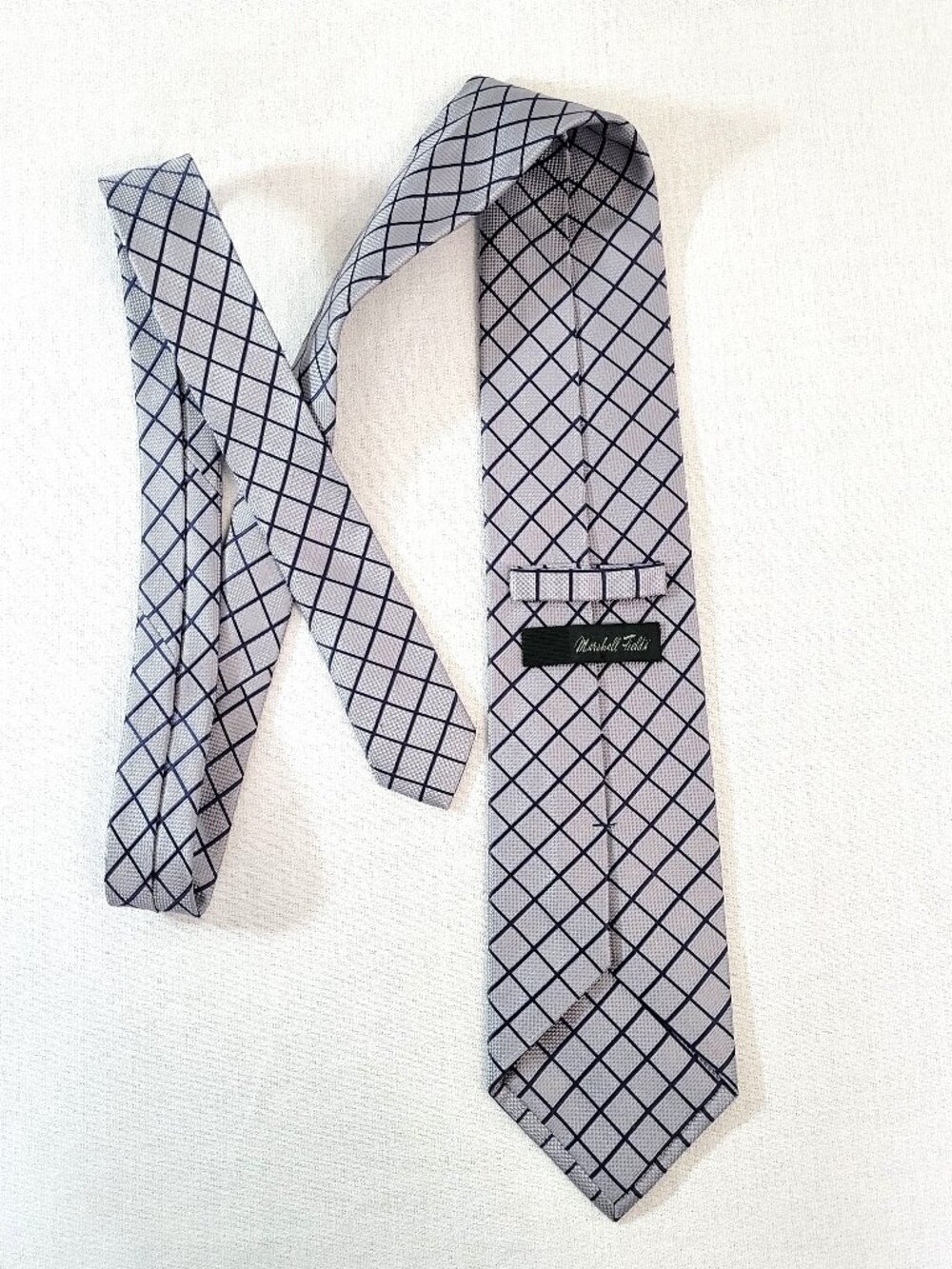 Vintage Marshall Field's Mens Silk Tie Gray Blue Windowpane Grid Check Woven